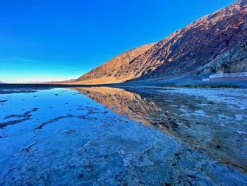 Scenic view of sea against clear blue sky