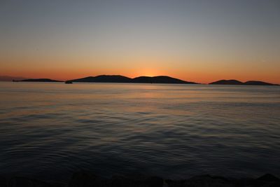 Scenic view of sea against romantic sky at sunset