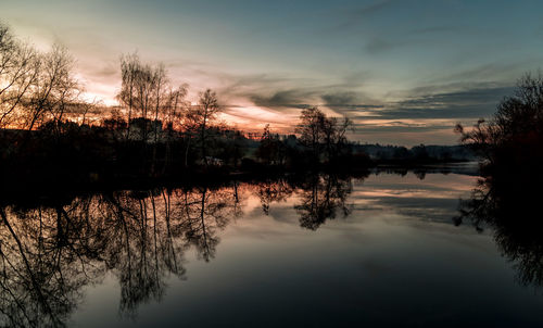 Scenic view of lake against sky during sunset