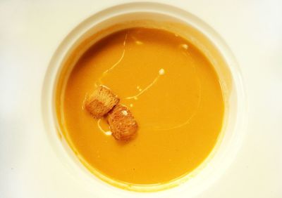 High angle view of soup in bowl