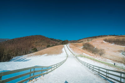 Scenic view of mountains against clear blue sky