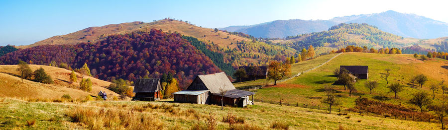 Old sheepfold on the top of the hill in the fall season, fantanele village, sibiu county, romania