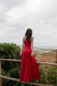 Rear view of woman standing on wooden railing while looking at landscape
