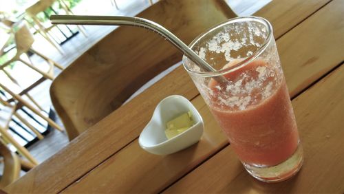 High angle view of drink on table