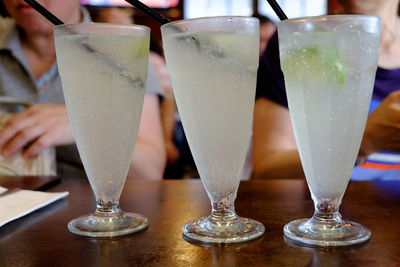 Close-up of wine glasses on table