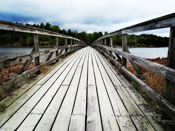 Surface level of wooden footbridge against sky