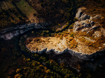 High angle view of rock formations on land