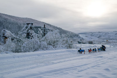 People walking on snow covered mountain against sky