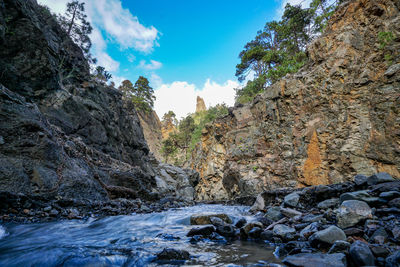 Scenic view of stream amidst rocks against sky