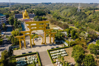 High angle view of city buildings