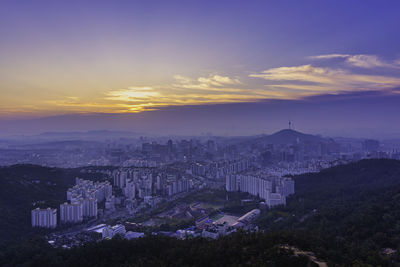 High angle view of buildings against cloudy sky