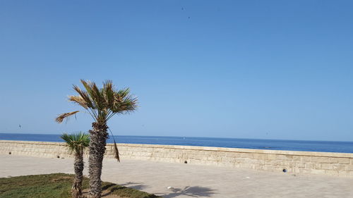 Scenic view of sea against clear blue sky