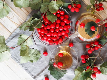 High angle view of strawberries on table