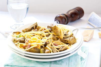 Close-up of food served on table