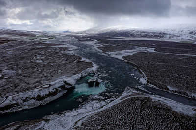 Aerial view of snowcapped mountains against sky