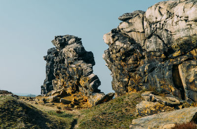 Low angle view of rock formation against sky