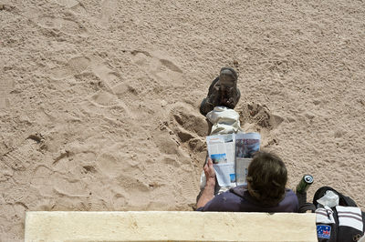 High angle view of man sitting at beach while reading newspaper