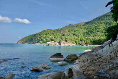 Scenic view of bay against sky