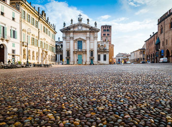 View of street and buildings in city