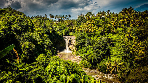 Scenic view of waterfall against sky