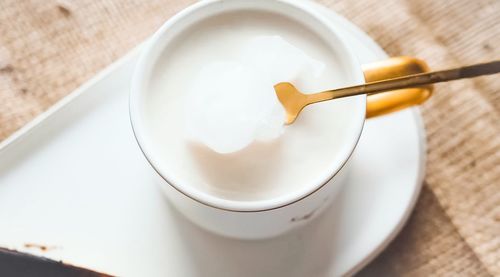 High angle view of ice cream in bowl on table