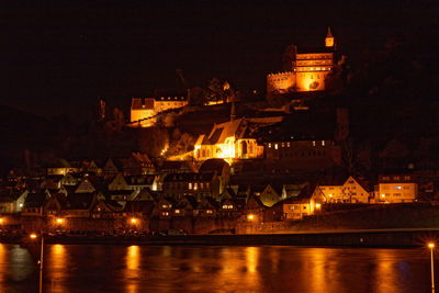 Illuminated buildings by river against sky at night