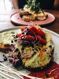 High angle view of breakfast served on table