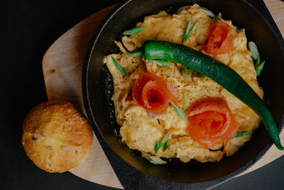 High angle view of breakfast served on table