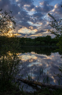 Scenic view of lake against cloudy sky