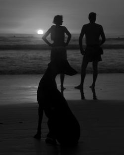 Silhouette couple standing on beach against sky during sunset
