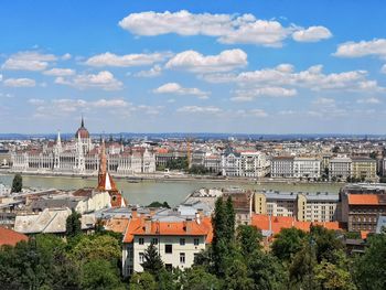 High angle view of buildings against sky