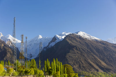 Scenic view of snowcapped mountains against clear blue sky