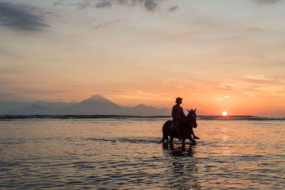 Silhouette cowboy in sea during sunset