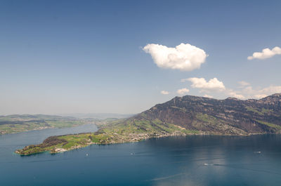 Scenic view of sea and mountains against sky