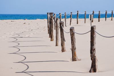 Close-up of sand on beach against clear sky