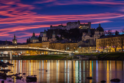 Illuminated buildings by river against sky at sunset