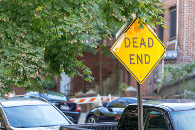 Road sign dead end by trees in city