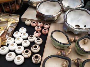 High angle view of ceramics on table