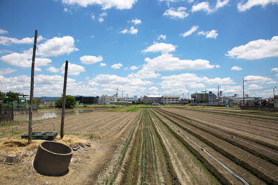 Scenic view of farm against sky