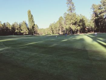 View of golf course against clear sky