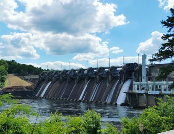 Scenic view of dam by river against sky