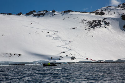 Scenic view of snow covered land by sea against sky