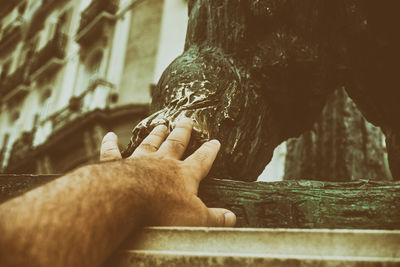 Close-up of man hand by sculpture