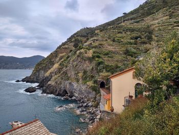 Scenic view of sea and mountains against sky