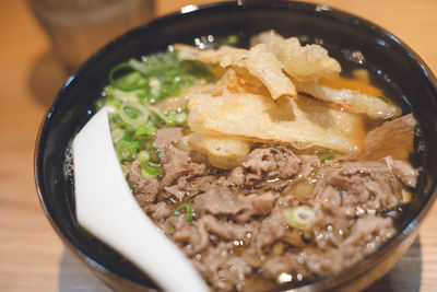 High angle view of soup in bowl on table