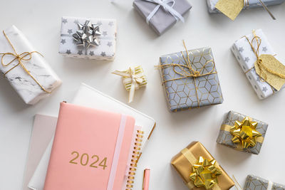 High angle view of christmas decorations on table