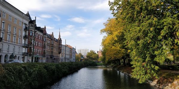 River amidst trees and buildings against sky