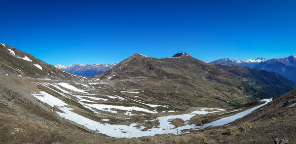 Scenic view of snowcapped mountains against clear blue sky