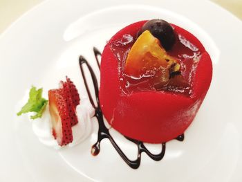 High angle view of dessert in plate on table