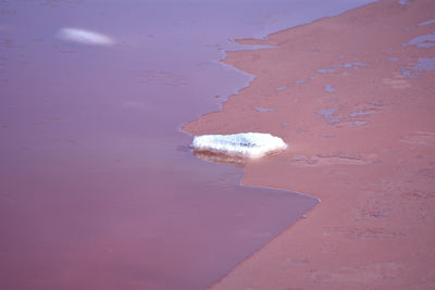 High angle view of wet salt on beach